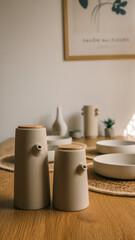 Minimalist kitchenware arrangement on a wooden table