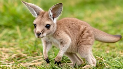 Adorable Young Kangaroo Playing and Exploring in Green Grass Field