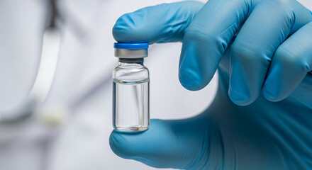 A medical professional in a blue glove holds a small glass vial containing a clear liquid vaccine or medicine.