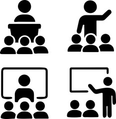 Lecture Icon Set &ndash; Speaker Presenting to Audience Silhouettes for Education, Seminars & Public Speaking