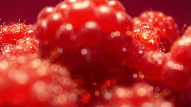 Close-up of ripe red raspberries with glistening droplets and tiny hairs.