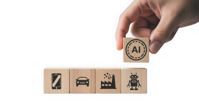 Hand placing a wooden block with ai symbol on a row of blocks representing technology and industry, isolated on transparent background