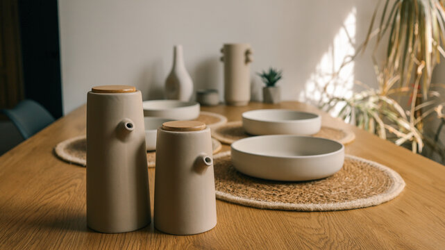 Minimalist Table Setting with Ceramic Vessels and Bowls