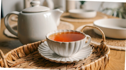 A cup of tea on a woven tray with a teapot and bowls in the background.
