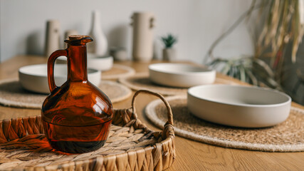 A rustic dining table setting with a decorative amber glass bottle.