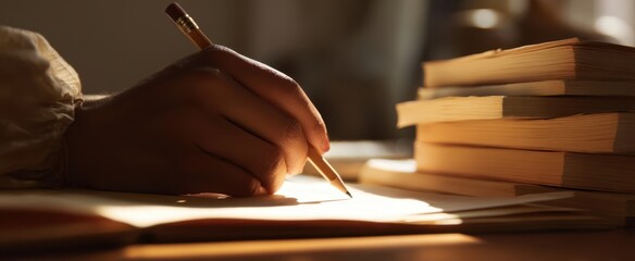 The hand writing notes with a pencil near stacked books in soft sunlight.
