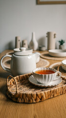 A serene tea time setup with a teapot and teacup on a wooden tray.