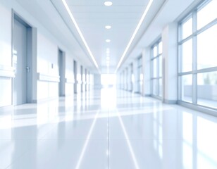 Obraz premium Bright, blurred hallway with shiny floor, doors, and windows flooding with light and modern design, creating serene and spacious atmosphere