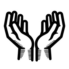 Simple line drawing of two open hands black vector icon with transparent background 