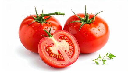 Three ripe tomatoes on a white surface, one cut in half revealing its juicy flesh, with tiny green herbs scattered around