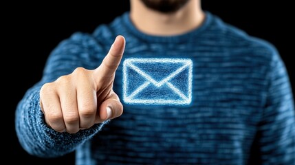 Man in Sweater Interacting with Digital Email Icon on Black Background