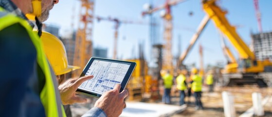 The construction worker using a tablet for project management on-site.