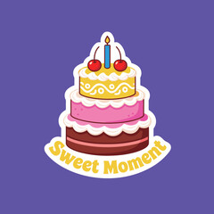 A delightful three-tiered birthday cake sticker with cherries and a candle, featuring a 