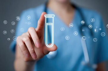 Medical professional points at a test tube icon against a soft blue background with floating medical symbols, suggesting healthcare or laboratory concept