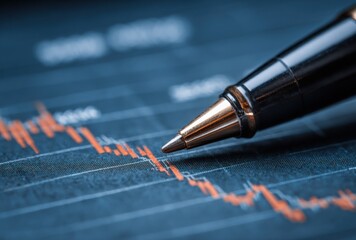 Close-up of a pen resting on a graph with a downward trending red line over a blue grid background, hinting at market analysis