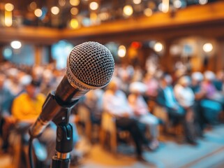 Microphone on stand in foreground, blurred audience in background. Lit room, warm tones, soft focus, depth of field. Close up angle of mic