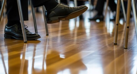 Good conference. People seated with polished shoes on wooden floor