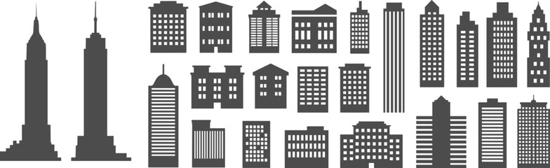 Modern city skyline building silhouettes, skyscraper architecture vector set, urban tower design illustration, cityscape collection, cad drawing flat vector illustration