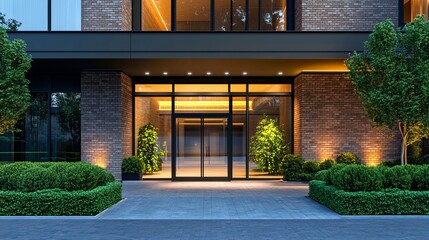 Elegant modern building entrance with glass doors and lush landscaping for upscale property marketing and architectural design inspiration