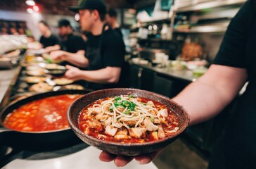 Overhead angle flavorful dish of chicken, tofu, & noodles in decorative bowl held out over busy kitchen scene