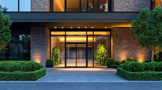 Elegant modern building entrance with glass doors and lush landscaping for upscale property marketing and architectural design inspiration