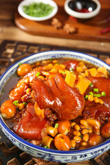 Chinese Braised Pig Trotters with Soybeans and Corn in Red Sauce Traditional Asian Cuisine