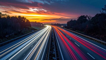 Obraz premium A highway with light trails from passing cars at sunset, with vivid orange and pink hues painting the sky above the surrounding trees
