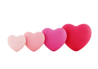Illustration of a row of four pink and red heart shapes of varying sizes, isolated on a transparent background, symbolizing love and affection on transparent background