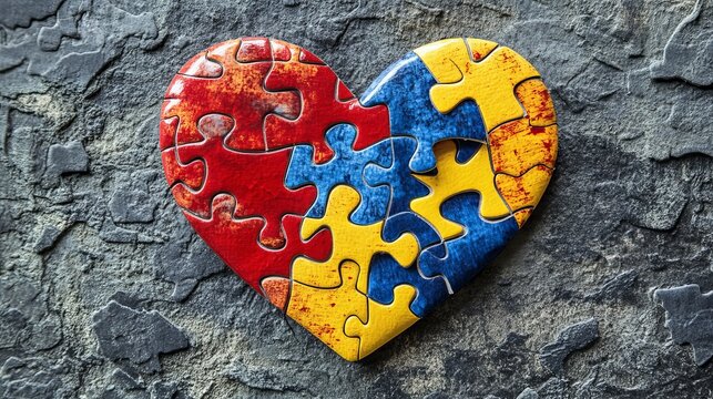 Heart puzzle art on stone background showing love, connection, and unity with vibrant red, blue and yellow colors creating a modern feel - Powered by Adobe
