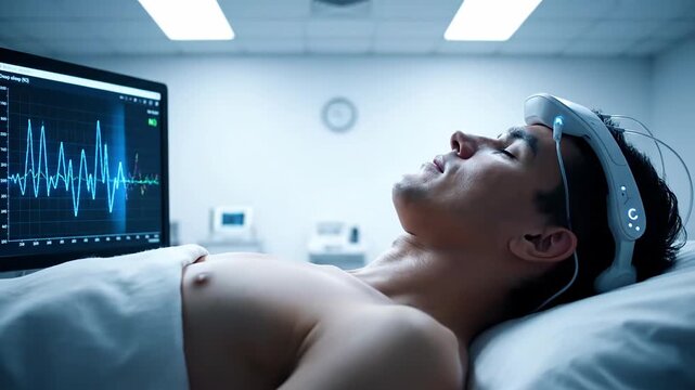A patient rests quietly in a clinical room, wearing a device on their head. Monitors display brain activity, creating a serene atmosphere as health professionals observe closely.