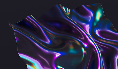 3d  Iridescent holographic cloth abstract shape, dark futuristic modern banner design, liquid purple stylized background illustration
