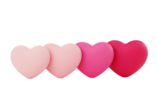Illustration of four heartshaped objects in varying shades of pink and red, arranged in a row on a transparent background, symbolizing love and affection on transparent background