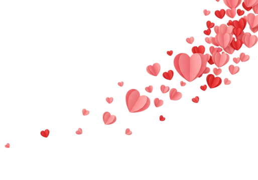 Illustration of a cascade of pink and red paper hearts floating and swirling on a transparent background, symbolizing love and romance on transparent background