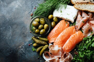 Appetizing assortment salmon slices, feta, olives, pickles, bread, ham, dill, and parsley arranged on a textured dark surface