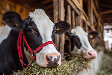 Two Holstein cows, one in focus with red halter, stand eating hay in a wooden barn stall, the other blurred in the background, with natural light