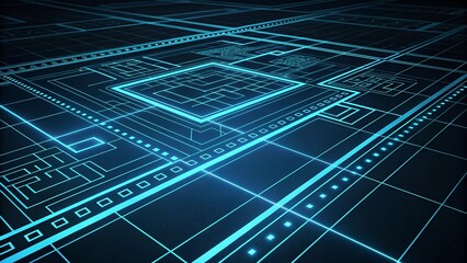 abstract digital blueprint grid neon blue lines