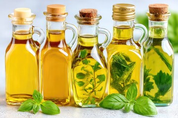 Four small glass bottles of different flavored oils with herbs