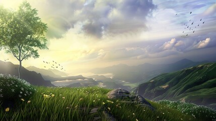 Elegant Scenery Background Images, covering scenes such as lake morning mist, mountain sunset, seaside afterglow, forest stream, flower field terraces. It presents elegant texture with soft tones