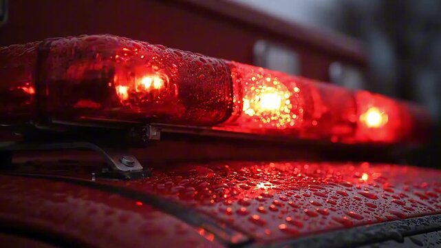Close-up of wet red emergency lights flashing on an ambulance or fire truck roof.