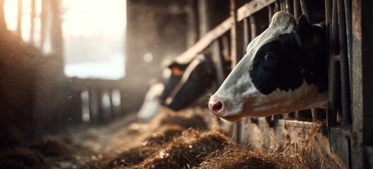 Cows stand in a barn, eating hay in golden light, with one cow's white-and-black face in close focus