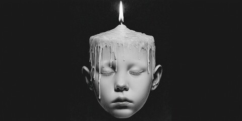 Surreal black and white artwork of a child’s face transformed into a melting candle with dripping wax and glowing flame, hyper-detailed graphite charcoal style