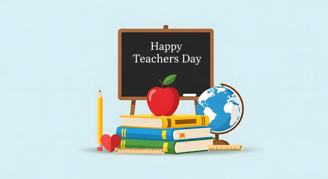 Happy teachers day chalkboard with stack of books apple globe and pencil for education celebration