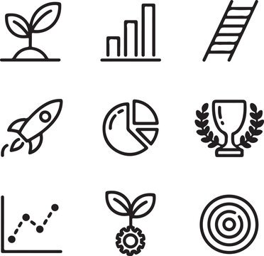 Nine minimalist black and white icons for business growth and success vector
