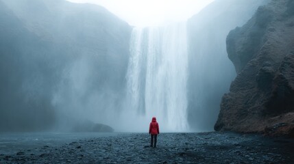 Person in Red Jacket Standing Before Majestic Waterfall in Mist