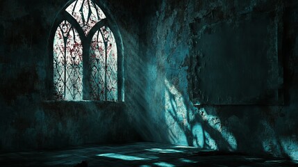 Mysterious interior with gothic window and blood-red accents casting dramatic shadows, perfect for suspenseful horror or thriller project