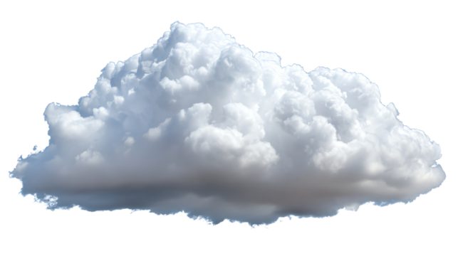 Fluffy white cloud with a soft texture against a transparent background, perfect for graphic design and environmental themes.