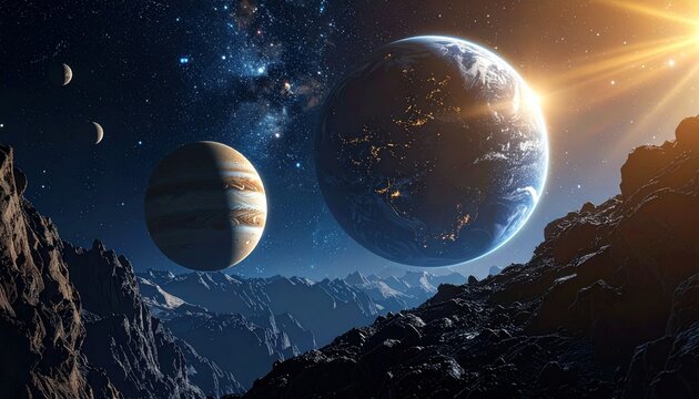 A dramatic space scene of planets and a mountain range under a bright sun, creating a grand cosmic vista with deep blue and gold tones - Powered by Adobe