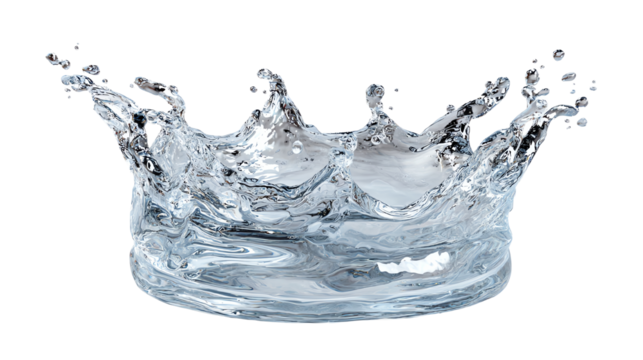 A vivid splash of water forming a crown shape, capturing the essence of freshness and fluidity. Ideal for illustrating concepts of hydration, vitality or recreation.