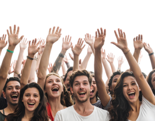 Cheering Audience from Side Angle with Raised Hands, Layered Depth, Isolated on Transparent Background.