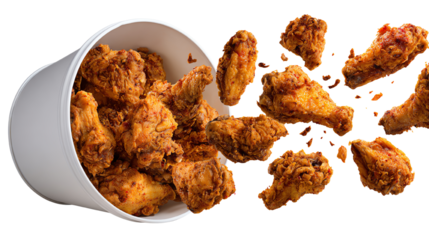 Crispy fried chicken wings spilling from a takeout bucket, showcasing their golden-brown texture and delicious appearance against a white background.